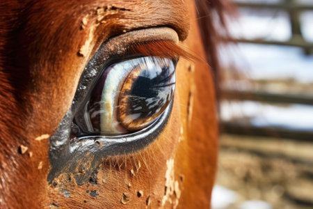 close-up of a horses eye with reflection of barn, created with generative aiの素材