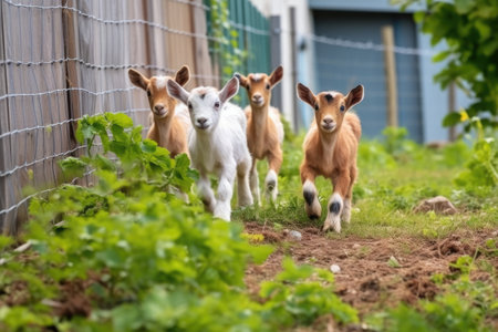 baby goats frolicking in a fenced yard, created with generative aiの素材