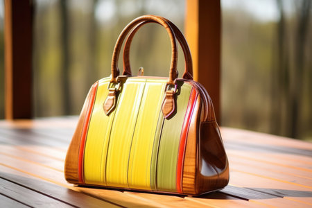 a designer handbag placed on a wooden table, created with generative aiの素材
