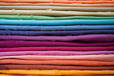 assorted of colorful fabric swatches spread flat, created with generative aiの素材