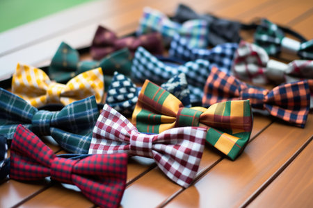 variety of patterned bow ties spread flat on a table, created with generative aiの素材
