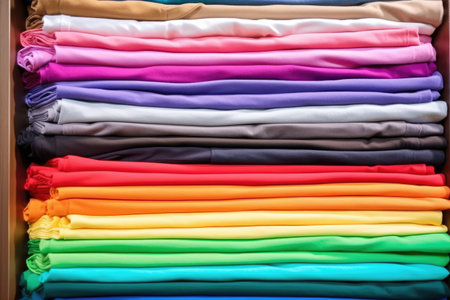 folded stack of colorful t-shirts on a shelf, created with generative aiの素材