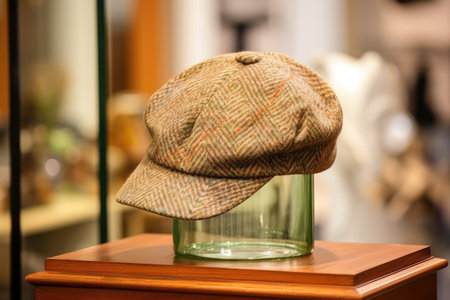 tweed hat on a glass display shelf, created with generative aiの素材