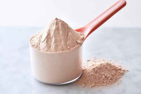 a scoop of whey protein powder against a light background, created with generative aiの素材