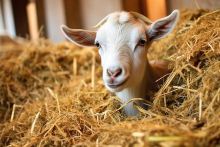 goat greedily eating from a haystack, created with generative aiの素材