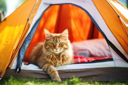 adomesitic cat lounging inside a tent, created with generative aiの素材