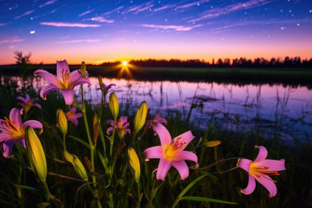 fireflies clustering around a blooming lily at sunset, created with generative aiの素材