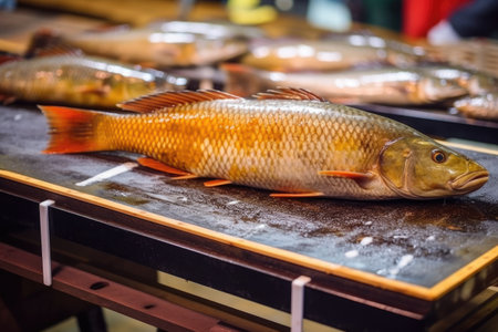 fish on a measuring board at a competition, created with generative aiの素材