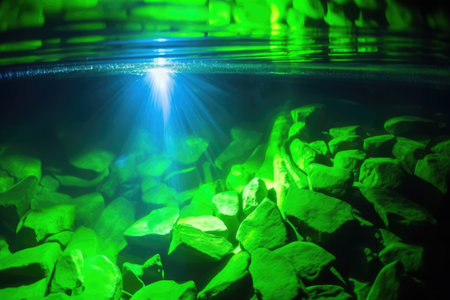 green and blue led lights illuminating under surface of water in pond, created with generative aiの素材