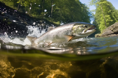 clear view of a salmon leaping upstream in a river, created with generative aiの素材
