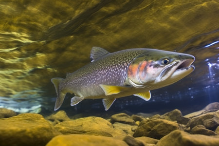 close-up of trout swimming in a rocky mountain stream, created with generative aiの素材