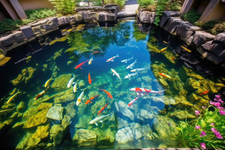 an overhead shot of a koi pond in a japanese garden, created with generative aiの素材