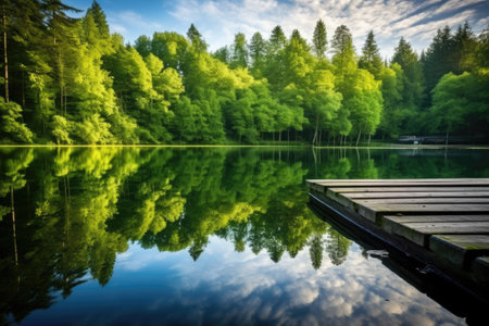 forest reflecting in a tranquil fishing lake with a dock, created with generative aiの素材