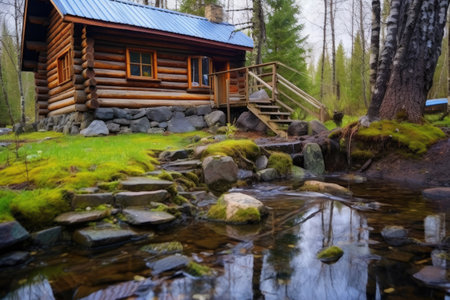 log cabin near a bubbling brook, fishing hat on staircase, created with generative aiの素材