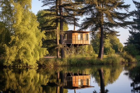 modern treehouse near a fishing lake, created with generative aiの素材