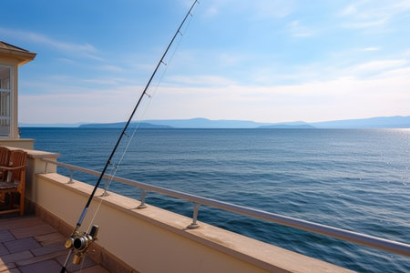 seaside villa with a fishing rod leaning against railing, created with generative aiの素材