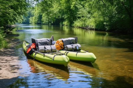 tandem kayaks tied to a pontoon on a river, created with generative aiの素材
