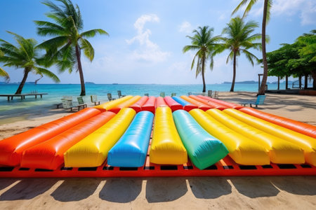 inflatable rafts for rent on a tropical beach pier, created with generative aiの素材