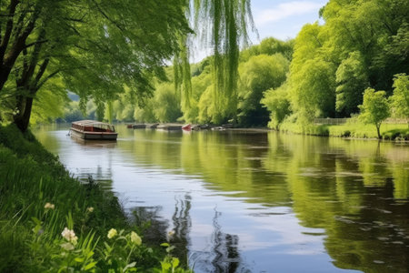 lush river bank with moored paddle boats, created with generative aiの素材