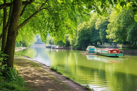 lush river bank with moored paddle boats, created with generative aiの素材