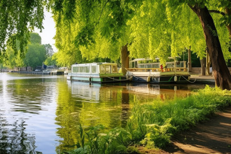 lush river bank with moored paddle boats, created with generative aiの素材