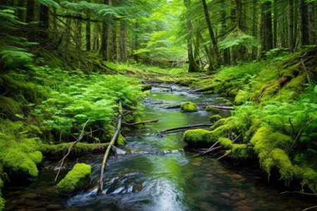 clear stream flowing through a lush green forest, created with generative aiの素材