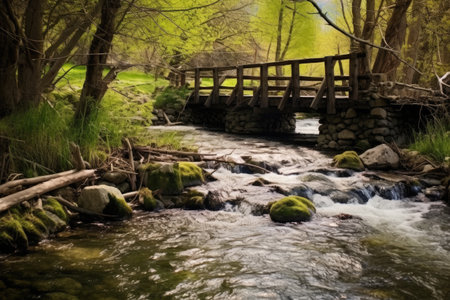 a rustic fishing bridge crossing a slow-moving stream, created with generative aiの素材