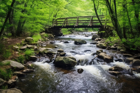 a rustic fishing bridge crossing a slow-moving stream, created with generative aiの素材