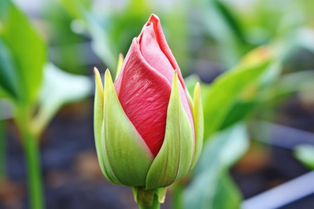 close-up of a red rose bud starting to bloom, created with generative aiの素材