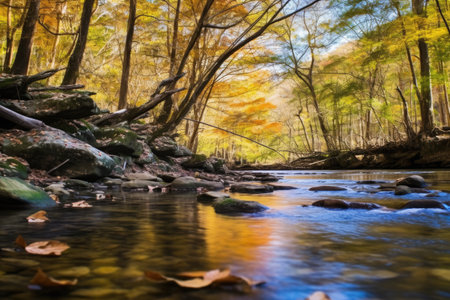 freshwater creek surrounded by autumn leaves with fly fishing gear, created with generative aiの素材