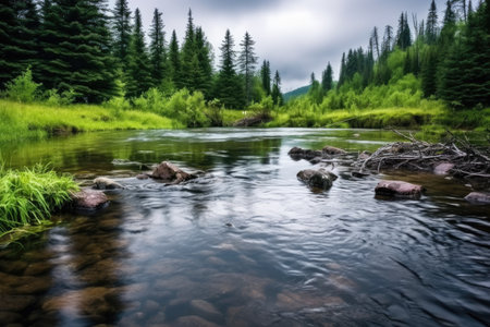 overcast sky over a serene stream with fly fishing gear, created with generative aiの素材