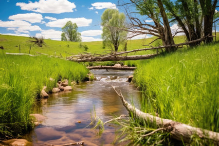 grassland stream in daylight with fly fishing gear on a log, created with generative aiの素材