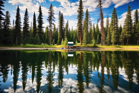 reflection of pine trees over a glassy lake with fishing equipment, created with generative aiの素材
