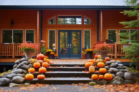 a forest lodge amidst fall foliage, pumpkins by the door, created with generative aiの素材