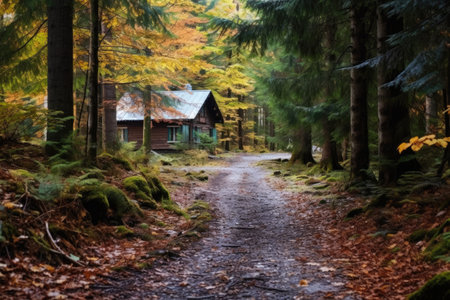 quiet forest path leading to a cosy cabin, created with generative aiの素材