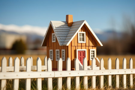 handcrafted birdhouse on fence post with lodge in background, created with generative aiの素材