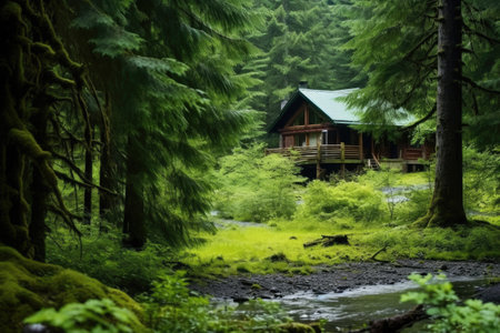 a rustic lodge nestled snugly into the forest undergrowth, created with generative aiの素材