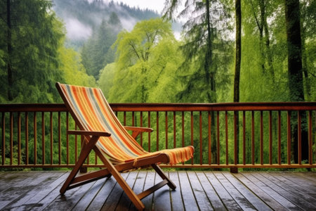 wooden deck chair facing forest on lodge terrace, created with generative aiの素材