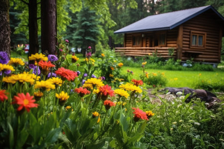 forest cabin with beautiful flower garden, created with generative aiの素材