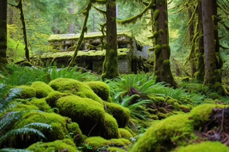 forest lodge surrounded by green ferns and mossy rocks, created with generative aiの素材