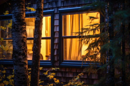 close-up of lighted cabin window in dense woods, created with generative aiの素材