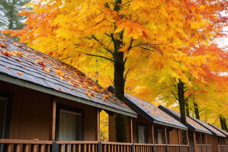 detailed shot of lodges roof covered by autumn leaves, created with generative aiの素材