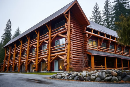 lodge facade highlighting wooden architecture, created with generative aiの素材