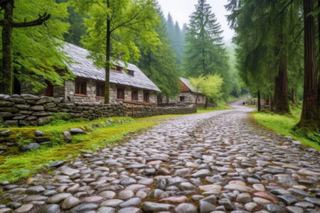 cobbled way toward an isolated forest lodge, created with generative aiの素材
