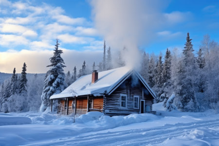 a snowy log cabin with smoke coming from the chimney, created with generative aiの素材