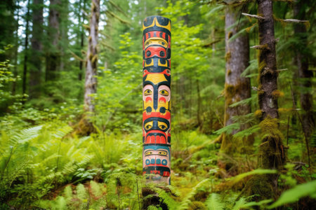 a colourful totem pole standing in a green pine forest, created with generative aiの素材