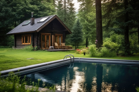 rustic cabin surrounded by woodland with outdoor heated pool, created with generative aiの素材