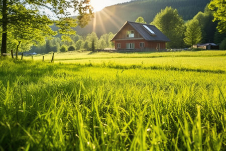 morning light hitting a wooden lodge, groundhogs visible in the grass, created with generative aiの素材