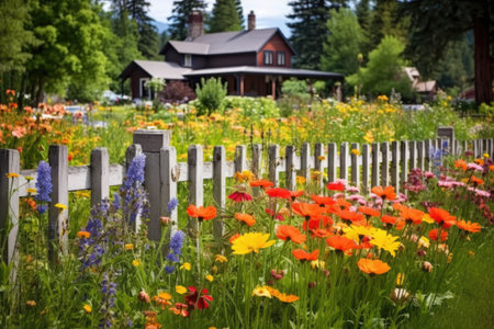 a lodge with a fenced garden teeming with wildflowers, created with generative aiの素材