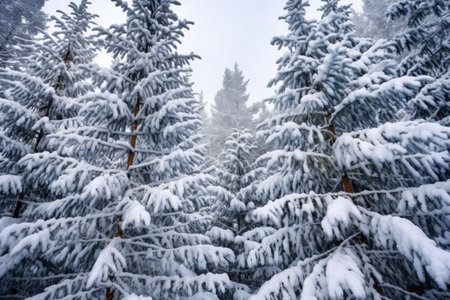 winter snow on the branches of evergreen trees, created with generative aiの素材